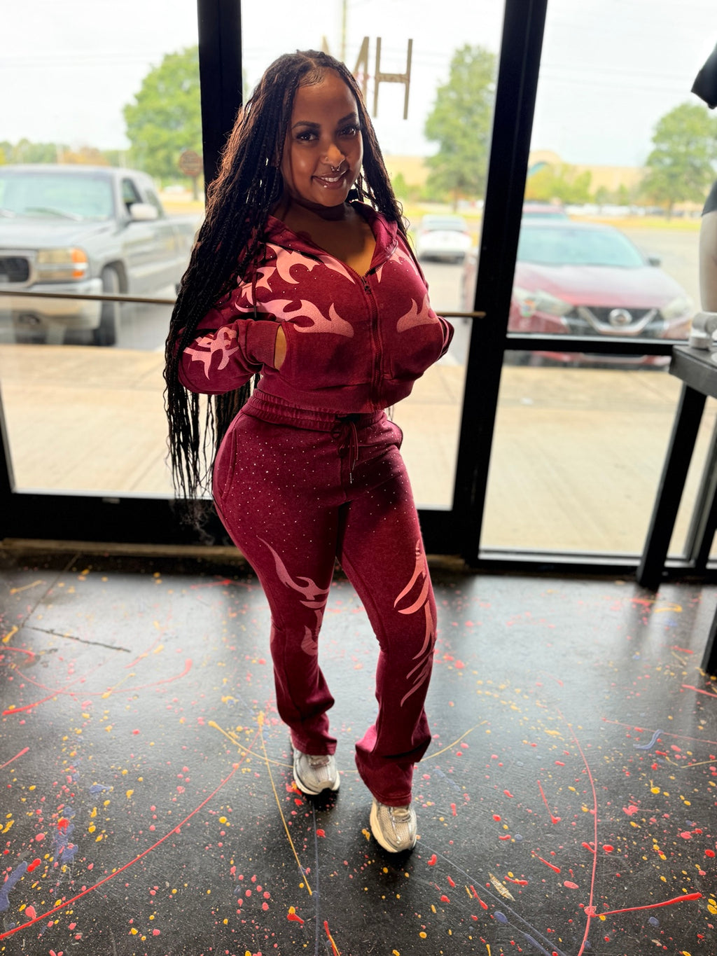 Burgundy mineral washed rhinestone hoodie and jogger set photo 1