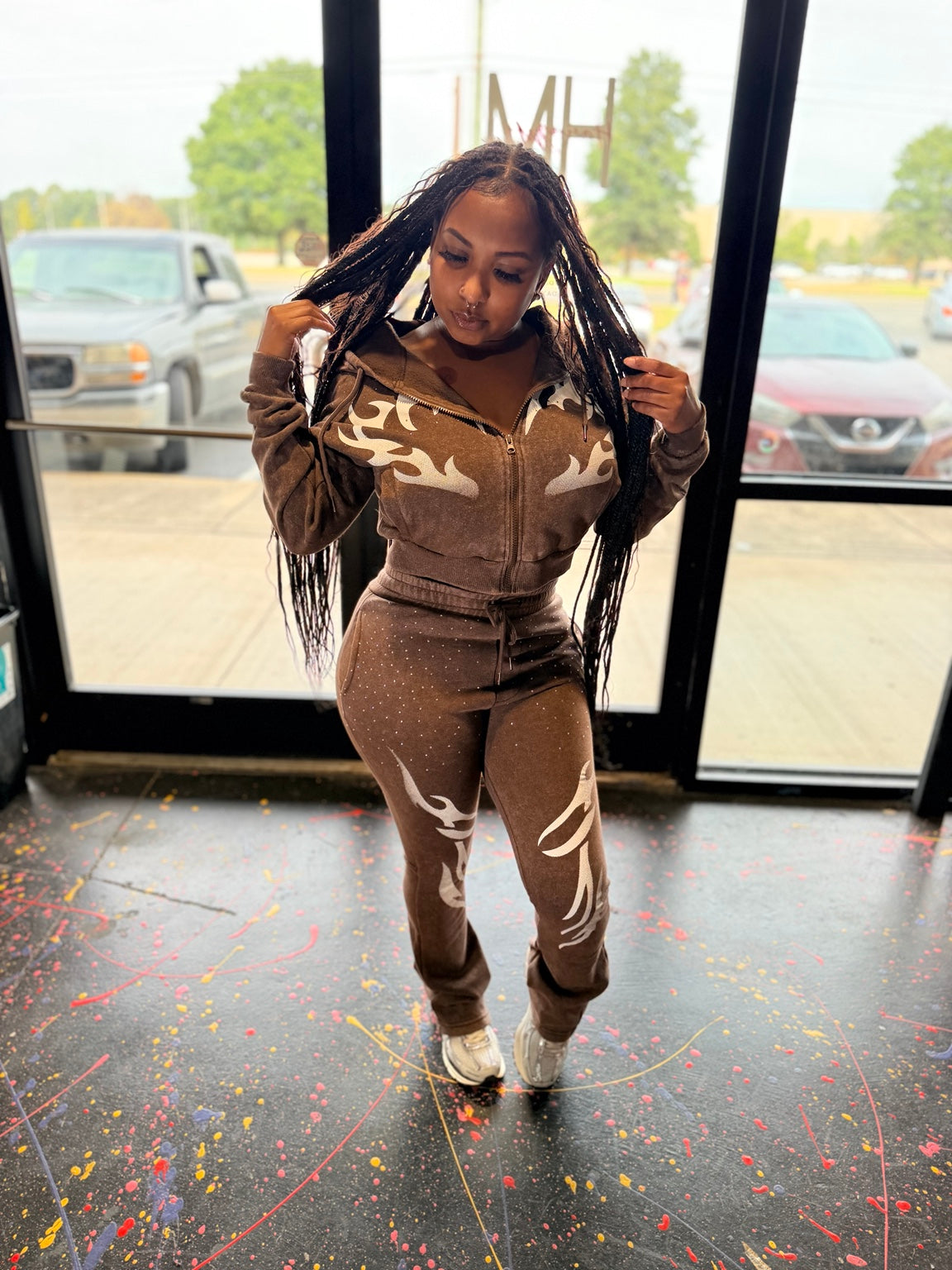 Brown mineral washed rhinestone hoodie and jogger set photo 2