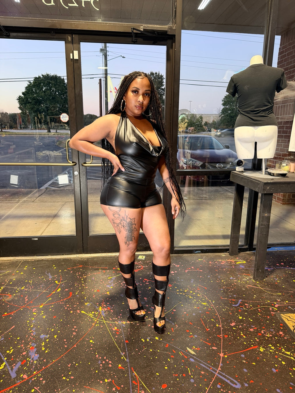 Black faux leather halter romper front