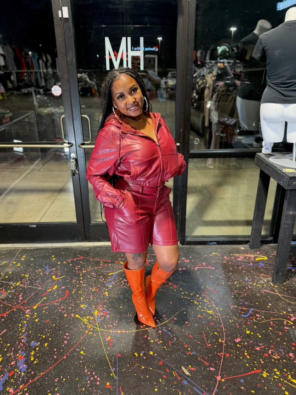 Burgundy faux leather hoodie and biker short set model photo 2