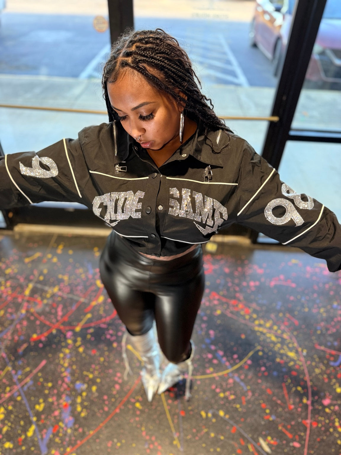 Black Rhinestone Loose Fit Crop Jacket detail