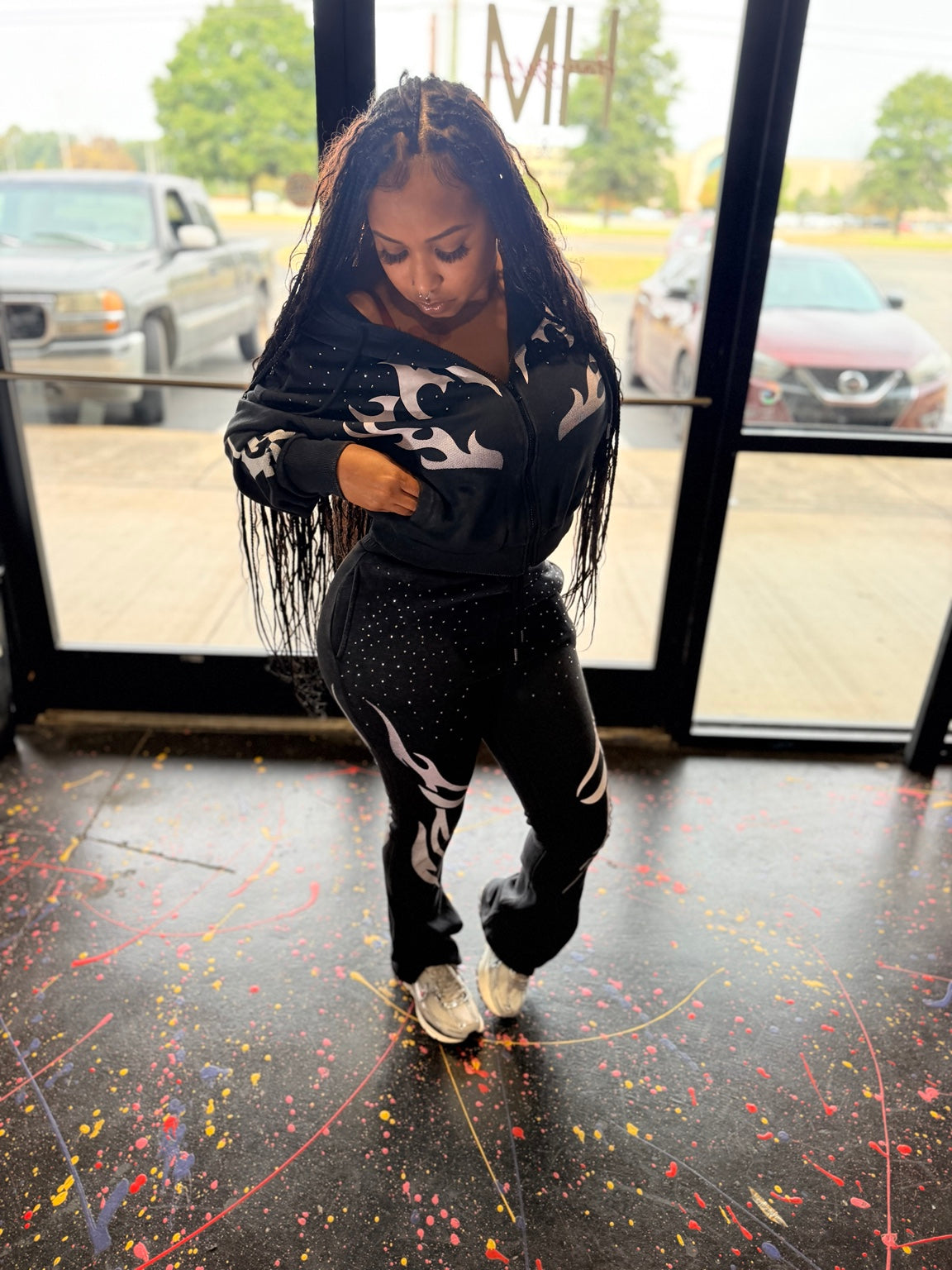 Black mineral washed rhinestone hoodie and jogger set photo 2