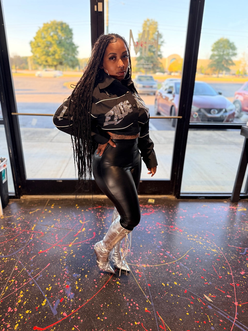 Black Rhinestone Loose Fit Crop Jacket side