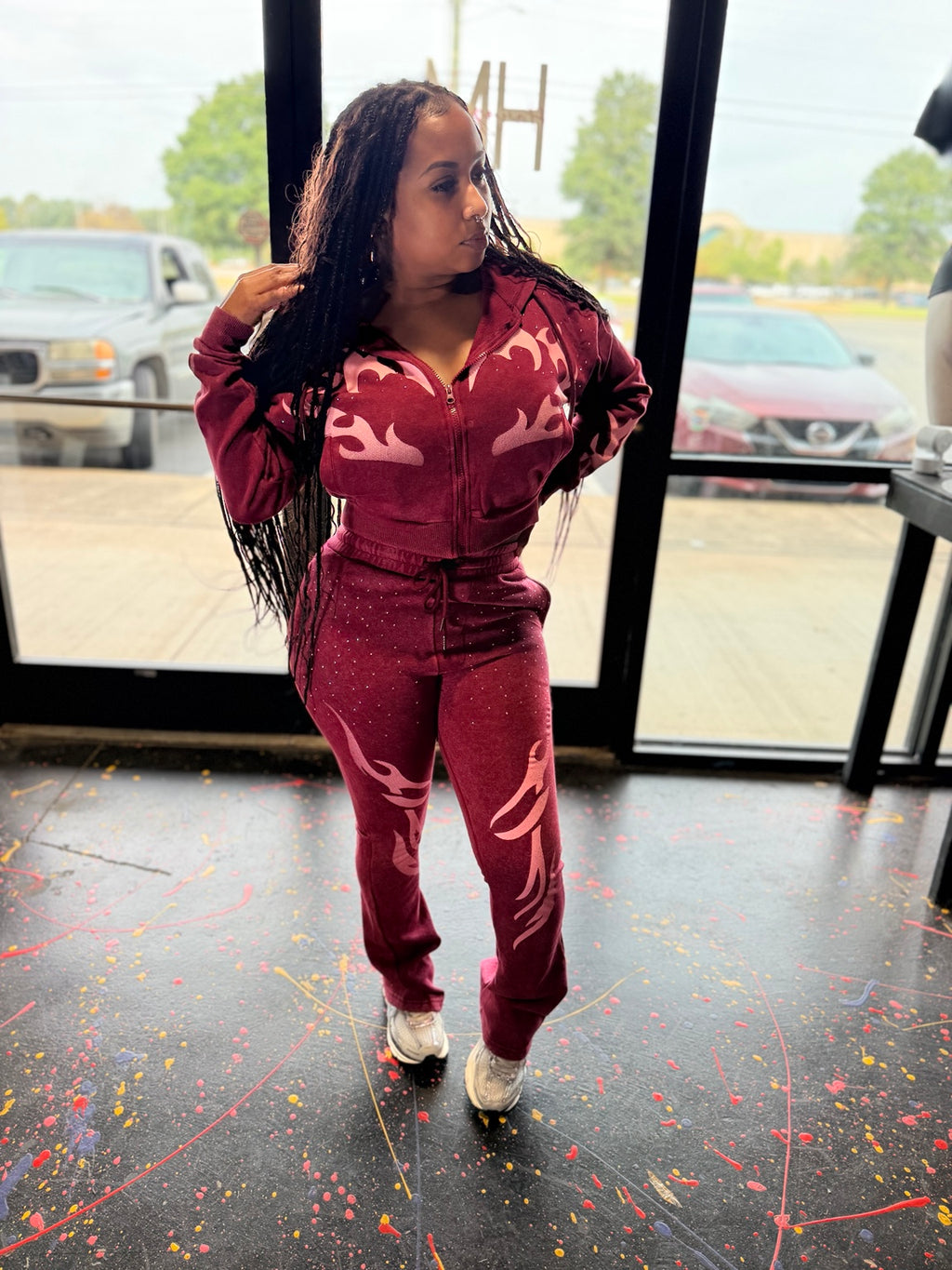 Burgundy mineral washed rhinestone hoodie and jogger set photo 2