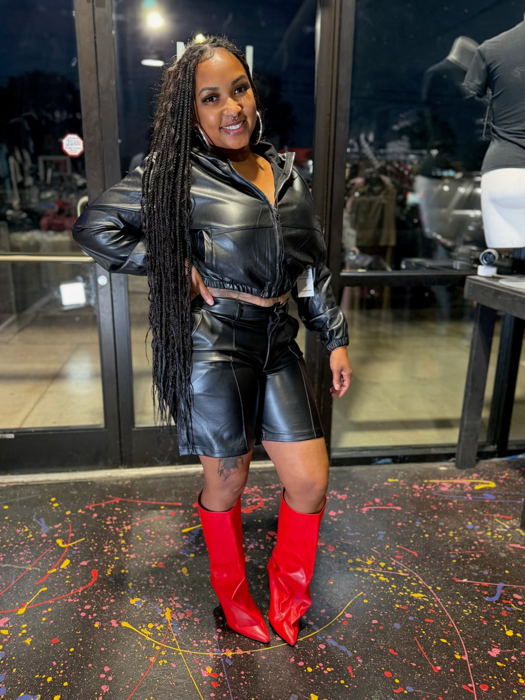Black faux leather hoodie and biker short two-piece set model view 2