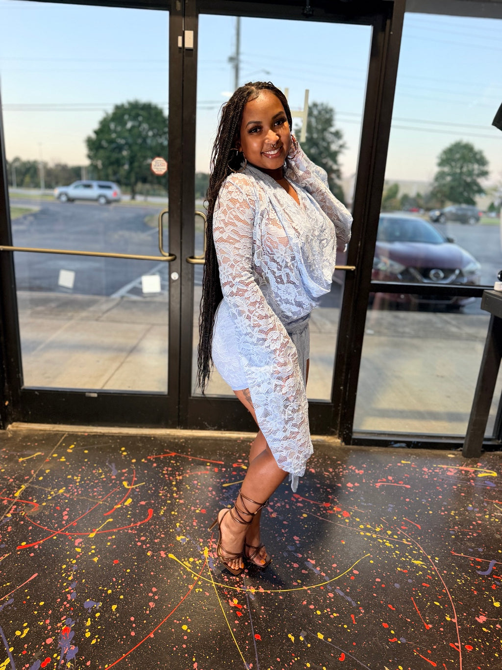 Blue lace mini dress side