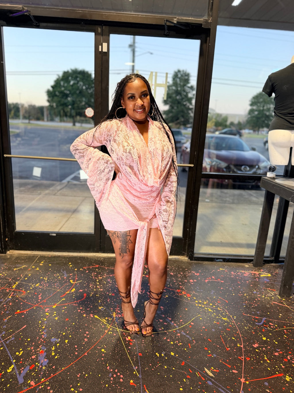 Pink lace mini dress alternate view