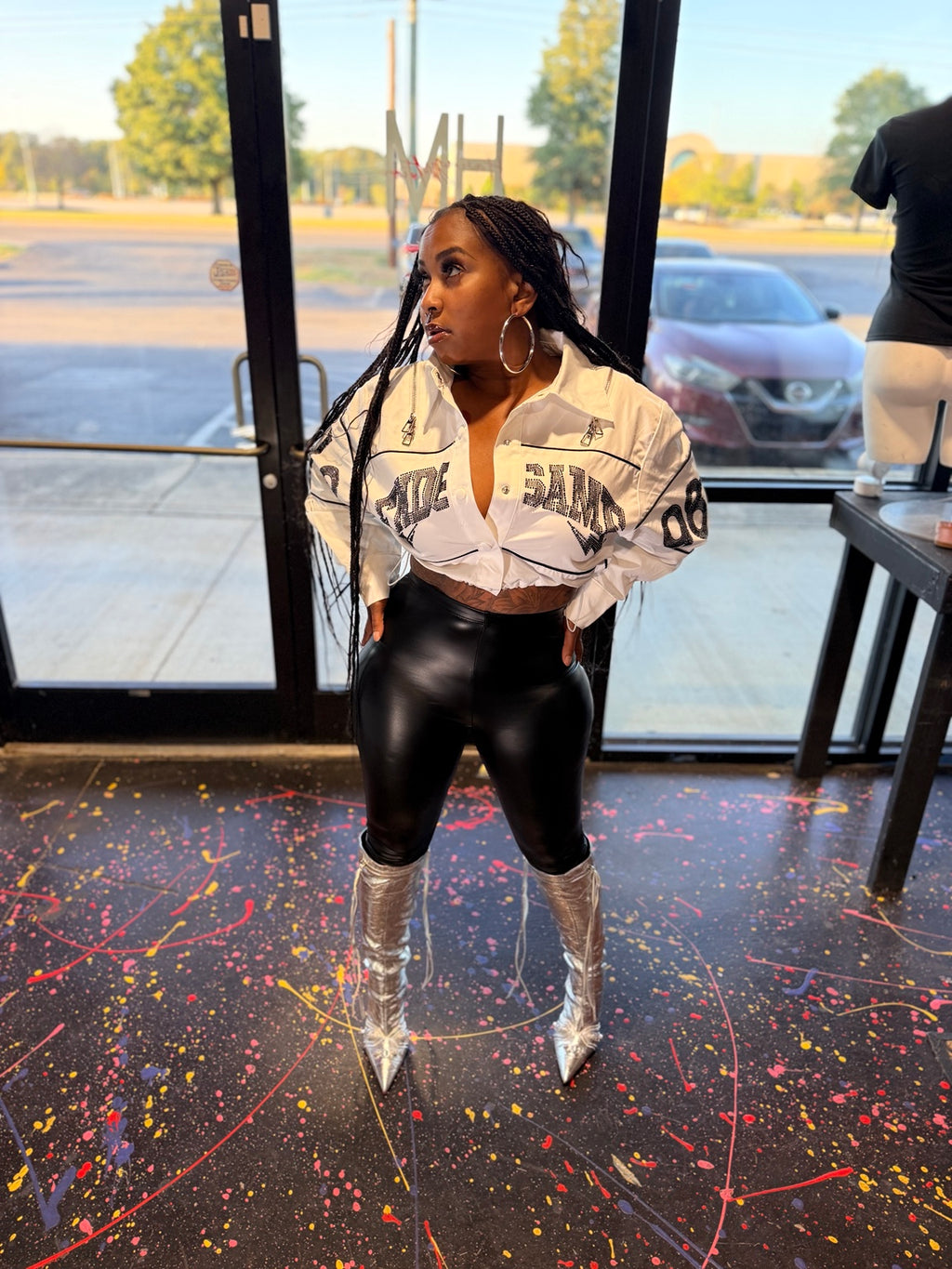 White Rhinestone Loose Fit Crop Jacket model front