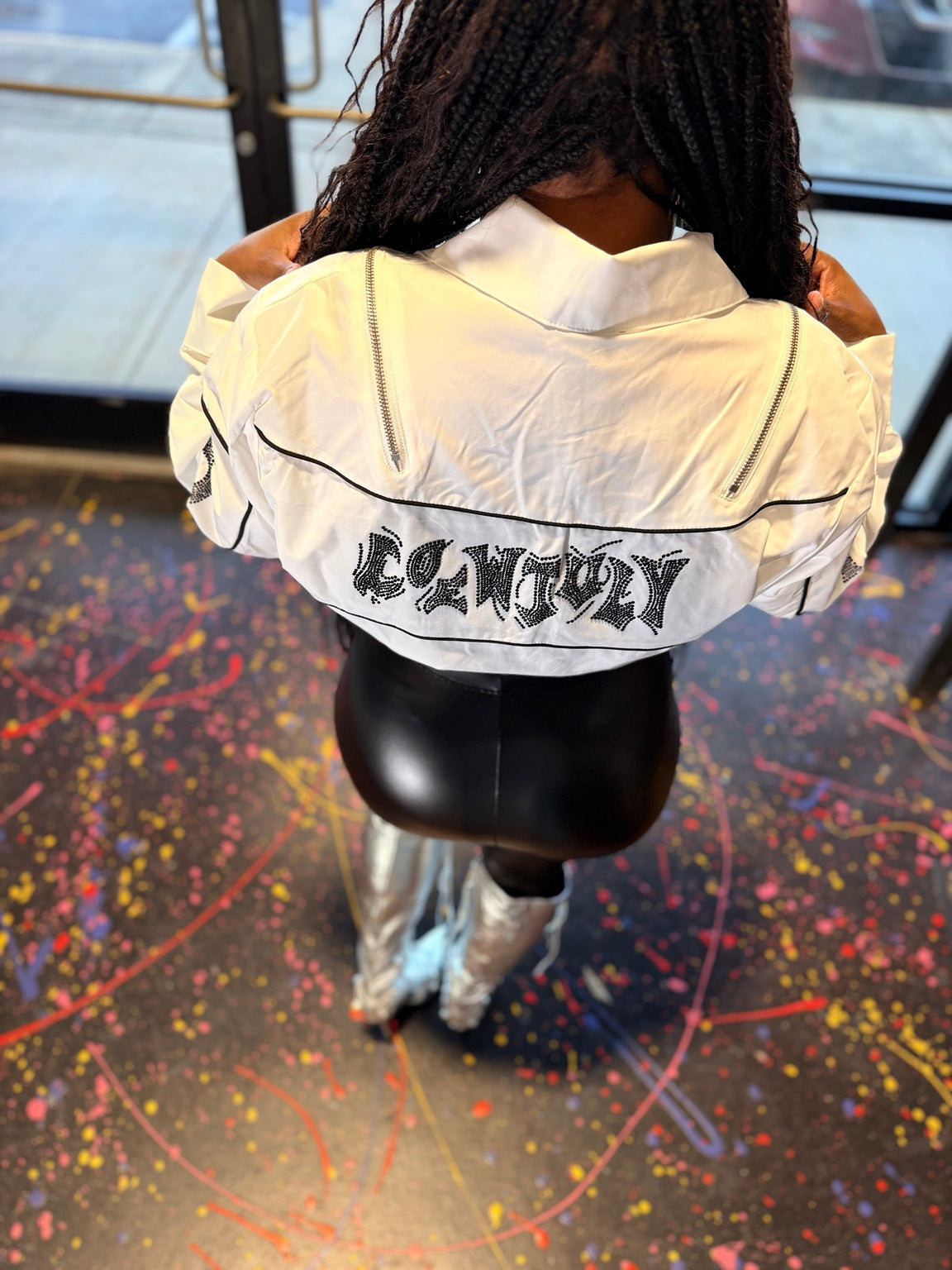 White Rhinestone Loose Fit Crop Jacket back