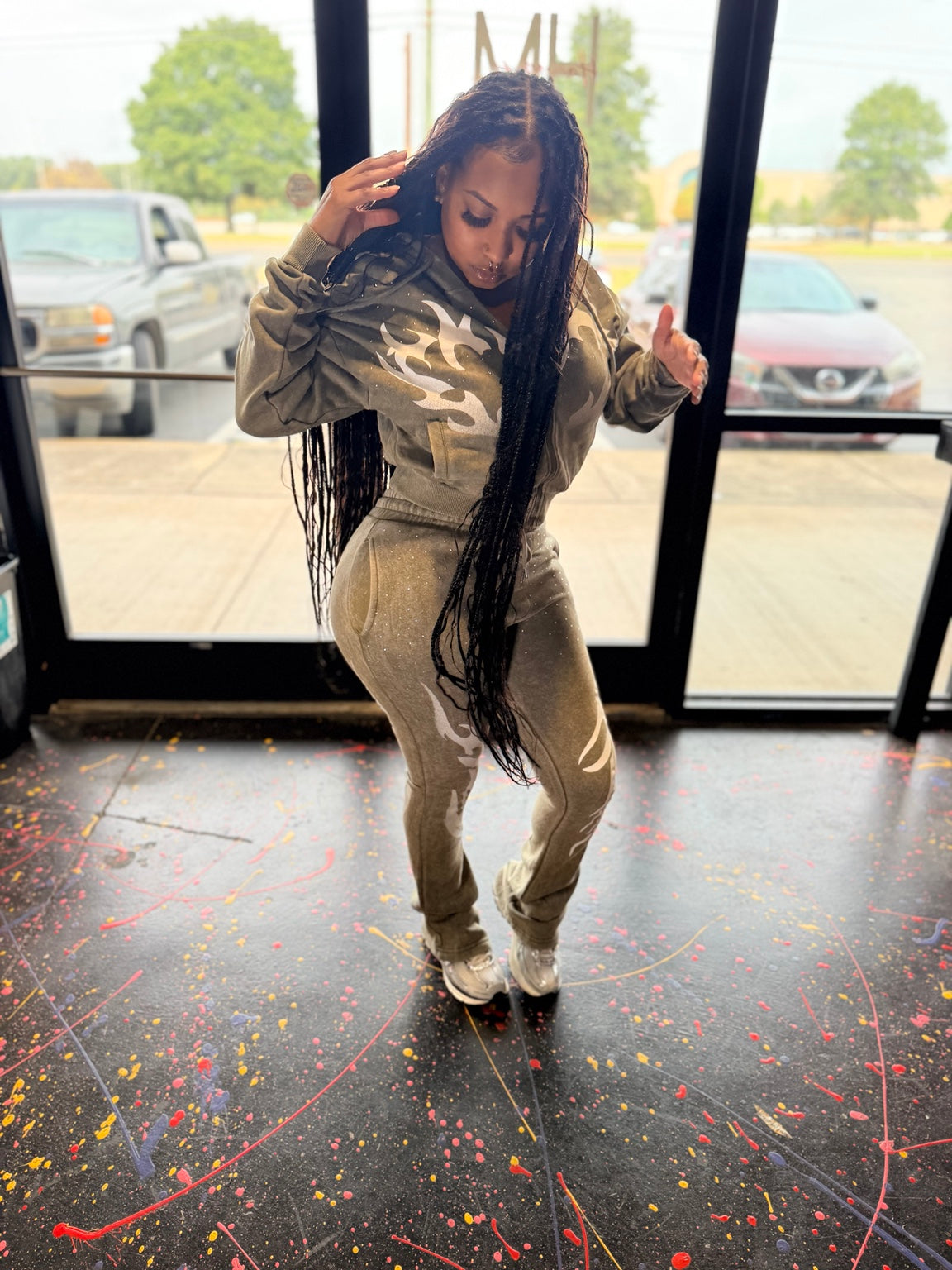 Olive mineral washed rhinestone hoodie and jogger set image 2