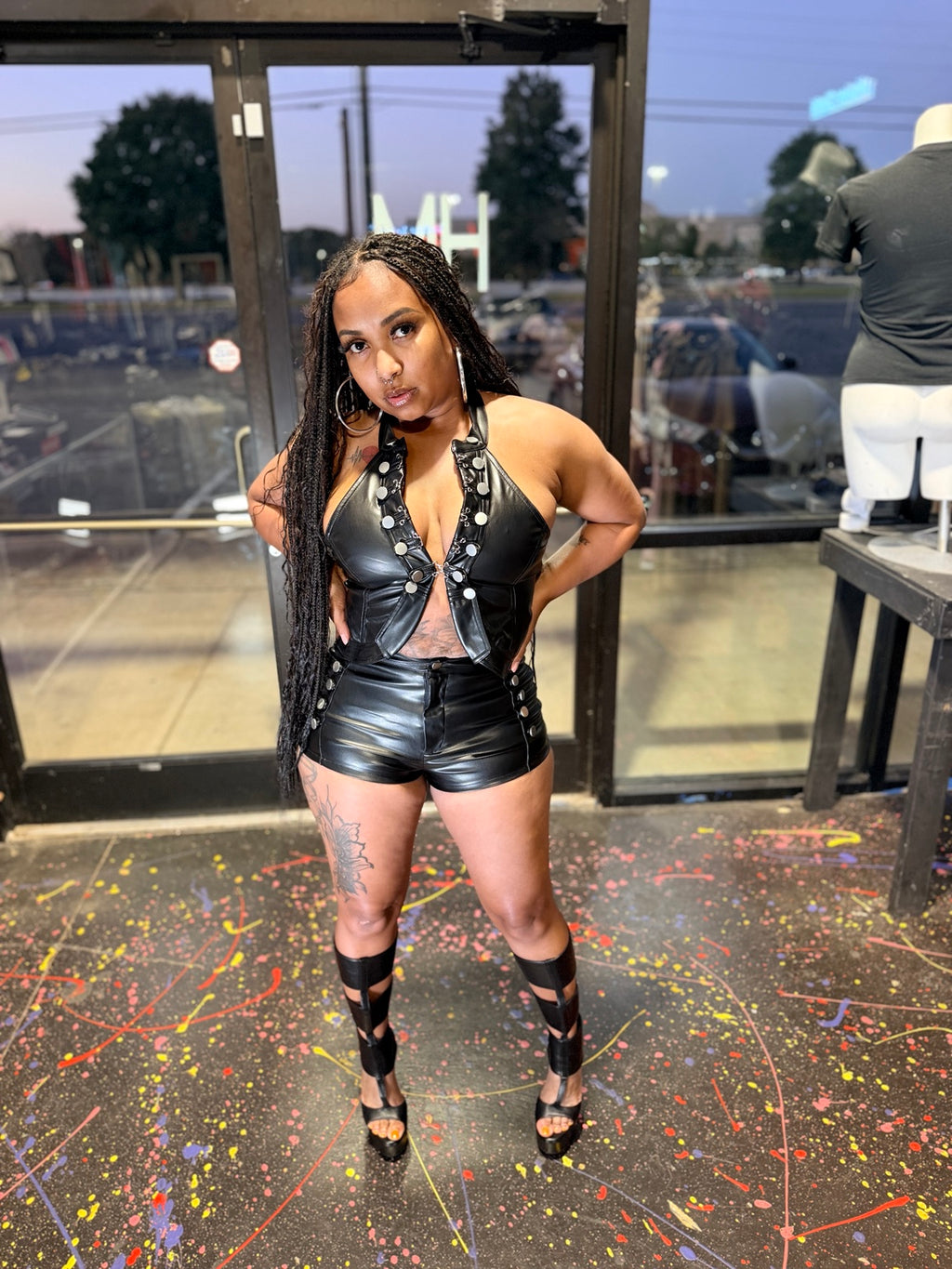 Black faux leather halter set second model view