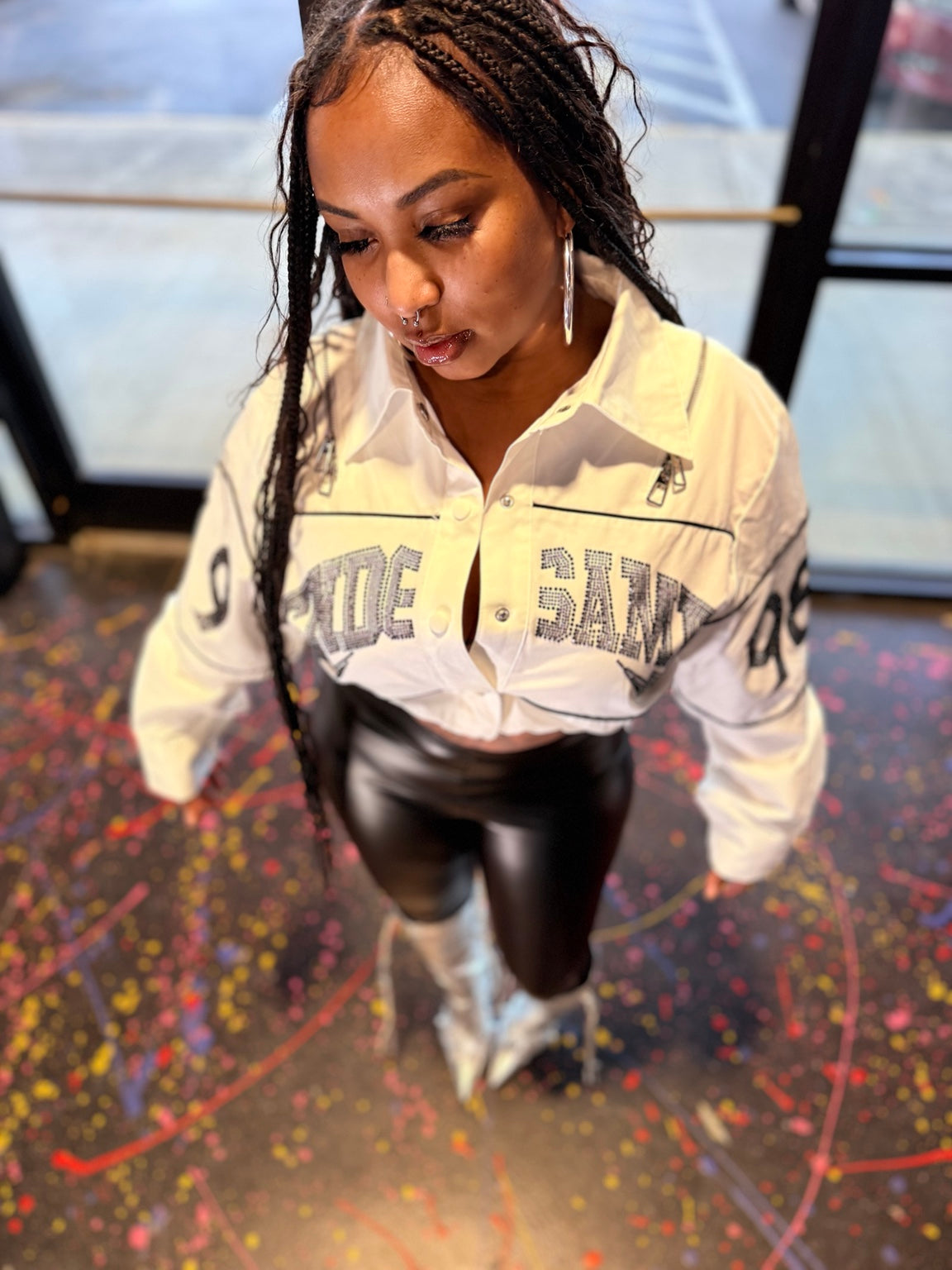 White Rhinestone Loose Fit Crop Jacket detail