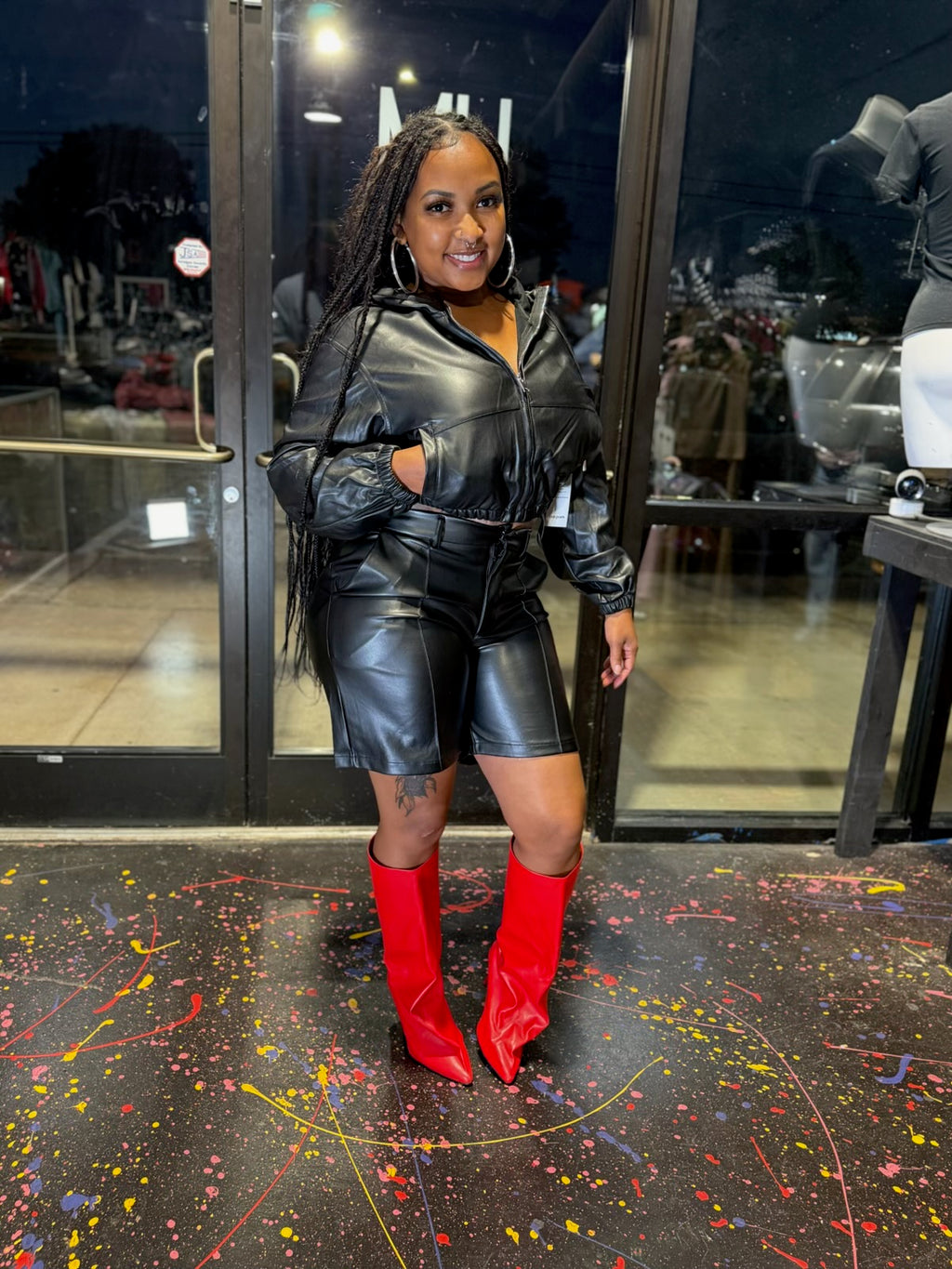 Black faux leather hoodie and biker short two-piece set model view 1