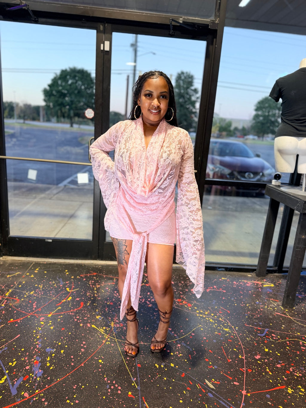 Pink lace mini dress front