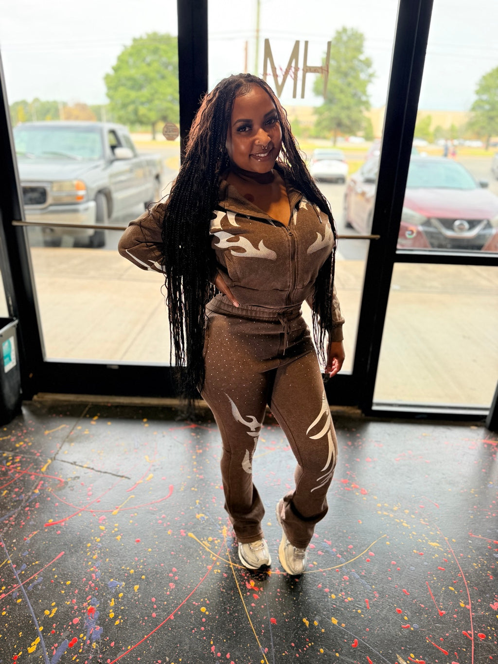 Brown mineral washed rhinestone hoodie and jogger set photo 1